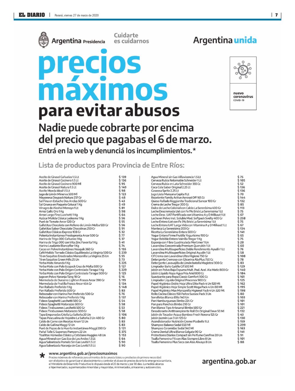 Entre Ríos, la lista de precios máximos | El Diario de Entre Ríos